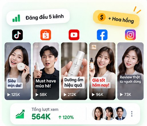 Năm video affiliate dạng dọc đăng trên năm nền tảng, tổng 564K lượt xem kèm hoa hồng